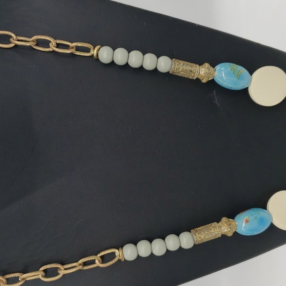 Women's Navy and Beaded Wood Long Statement Necklace - Picture 6 of 6